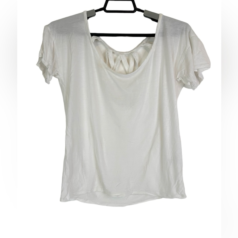 Piper Project Top Womens Medium Knit Cutout Back Sheer White Shirt Short Sleeve